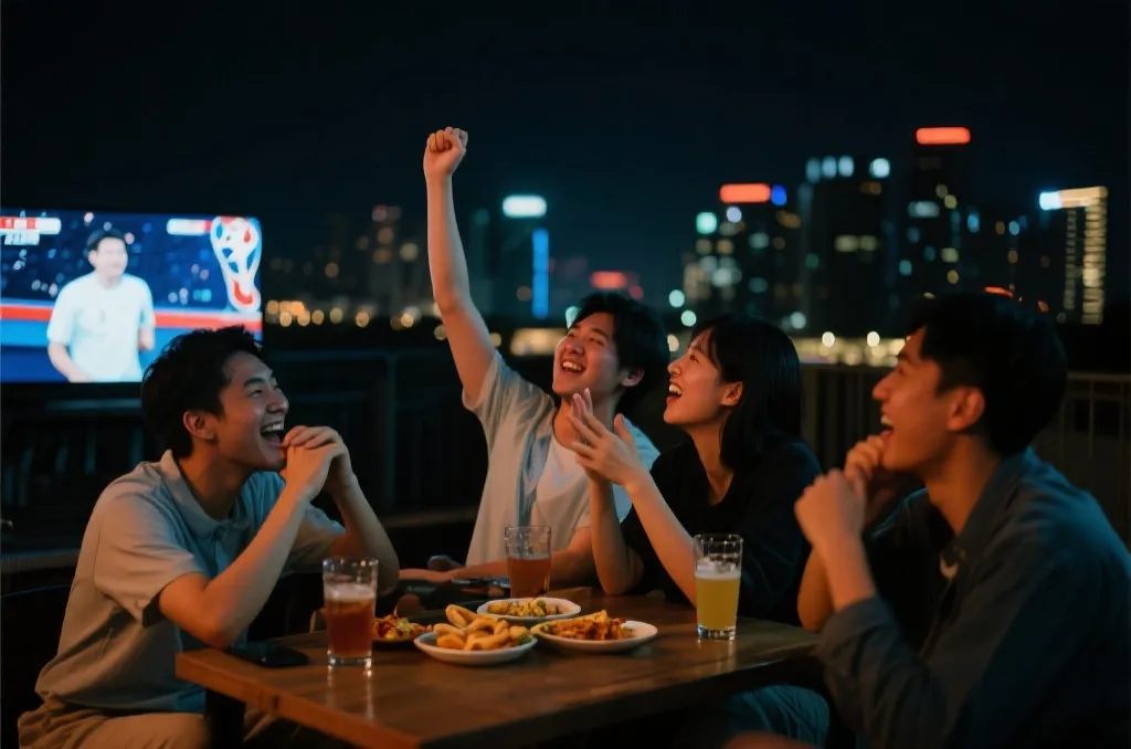 朋友在夜晚的城市空间里围坐观看世界杯直播,气氛热烈而克制,适合线下聚看场景